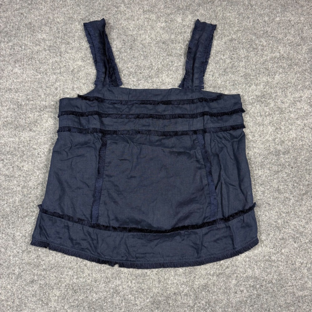 J.Crew Tank Top Fringe Trim Womens Size 10 Navy Blue 100% Linen EUC